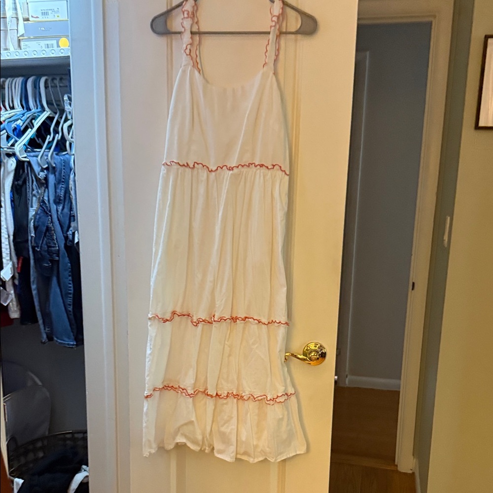 J. Crew White Maxi Dress with pink and coral Accents